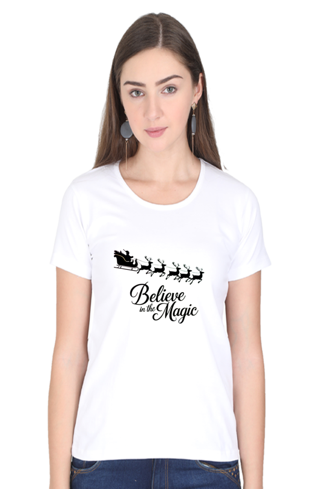"Santa's Sleigh in Style – Festive Chariot Print Round Neck T-Shirt for Women"