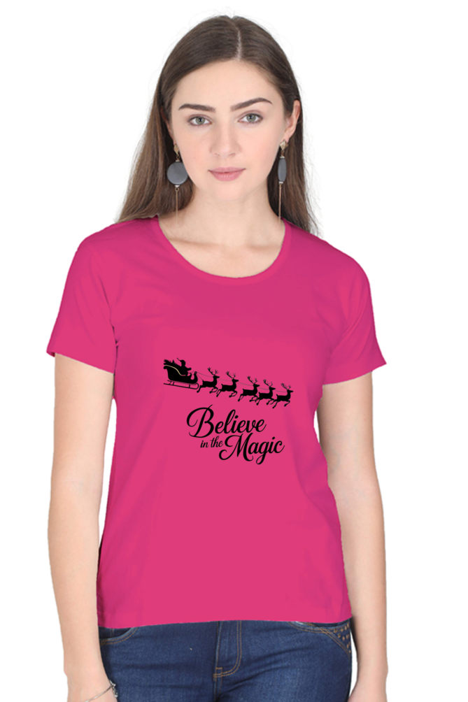 "Santa's Sleigh in Style – Festive Chariot Print Round Neck T-Shirt for Women"