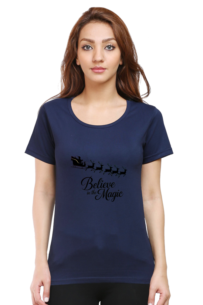 "Santa's Sleigh in Style – Festive Chariot Print Round Neck T-Shirt for Women"