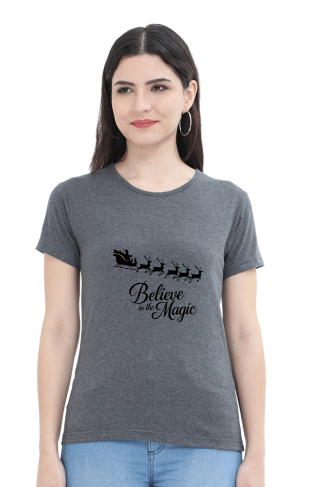 "Santa's Sleigh in Style – Festive Chariot Print Round Neck T-Shirt for Women"