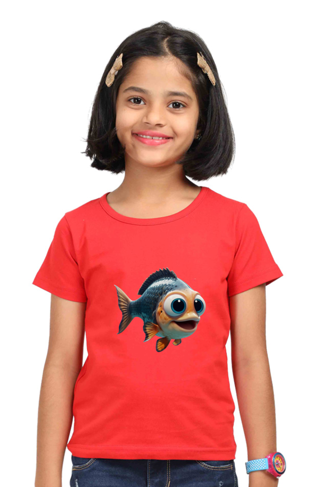 Cute Fish Print Round Neck Half Sleeve Tee for Girls – Classic Comfort & Style"