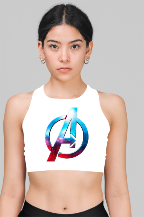 Avengers Logo White AOP Sports Bra – Empower Your Workout in Superhero Style
