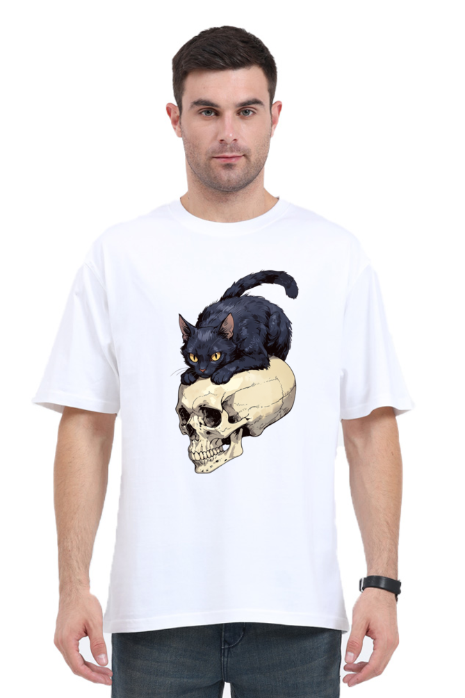 Oversized Men's Classic T-Shirt with Skull & Cat Print – Edgy Style, Ultimate Comfort