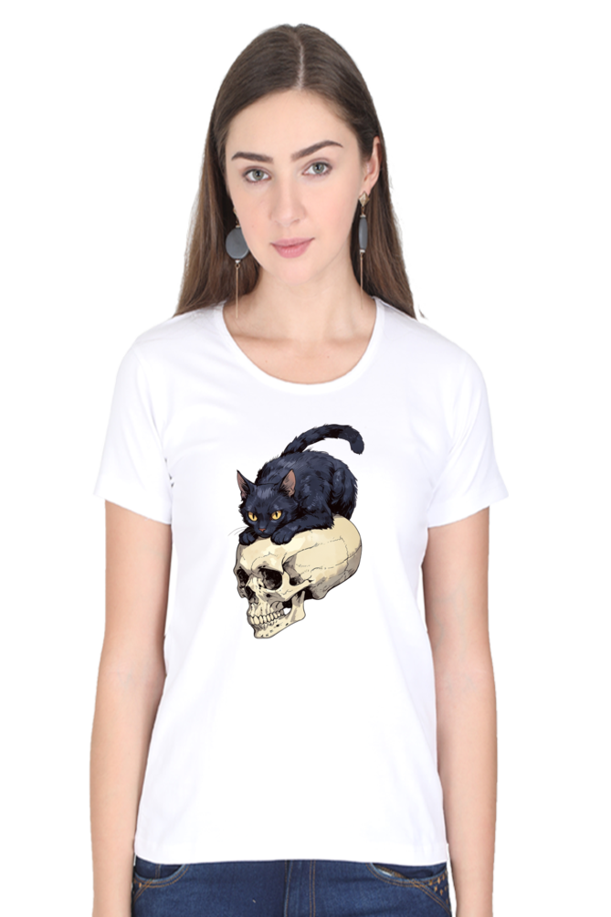 Cat on Skull Print Women's T-Shirt – Playful Style for Everyday Comfort