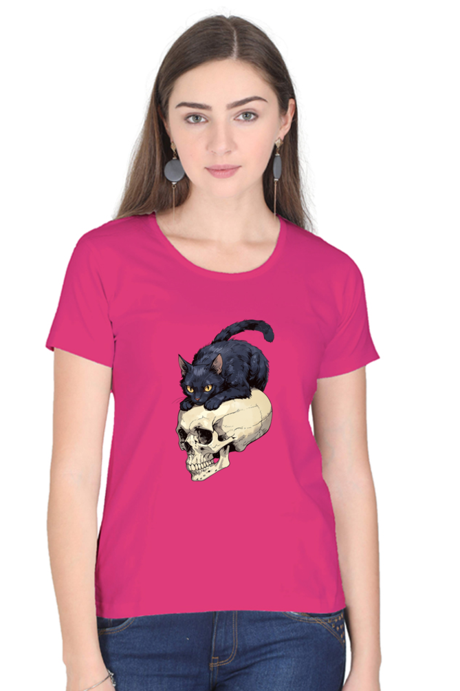 Cat on Skull Print Women's T-Shirt – Playful Style for Everyday Comfort