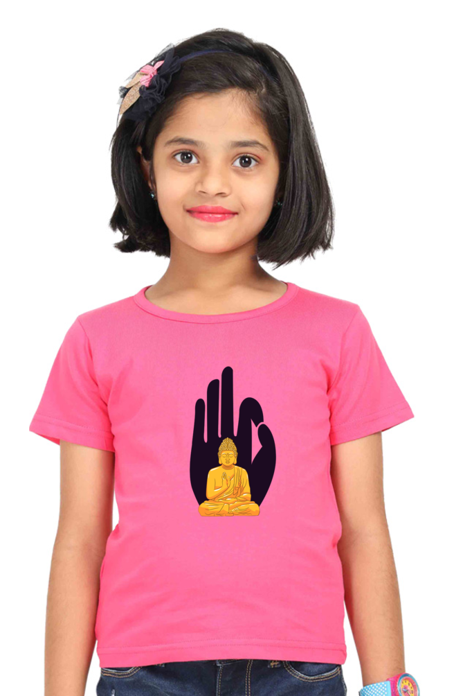 Girls Buddha Print Round Neck T-Shirt – Multiple Colors for Ages 3 - 13