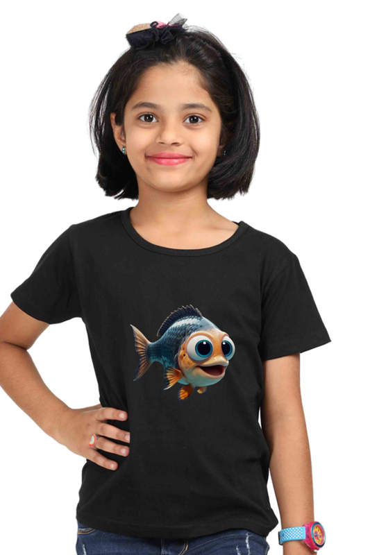 Cute Fish Print Round Neck Half Sleeve Tee for Girls – Classic Comfort & Style"