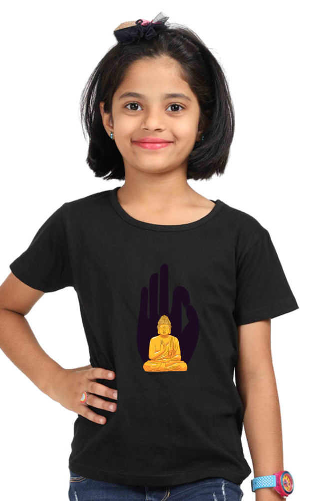 Girls Buddha Print Round Neck T-Shirt – Multiple Colors for Ages 3 - 13