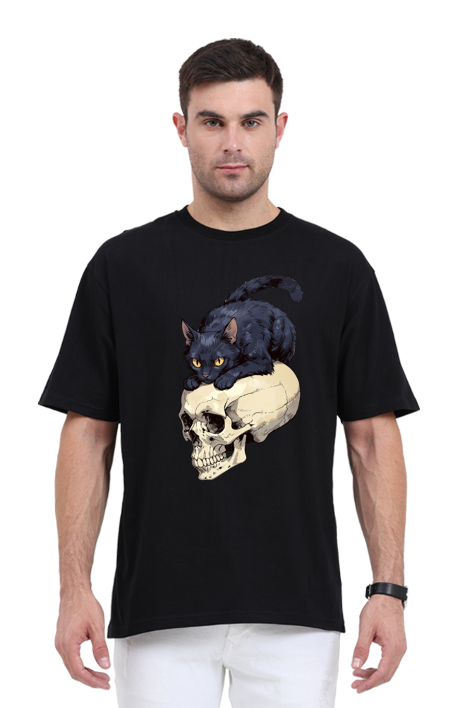 Oversized Men's Classic T-Shirt with Skull & Cat Print – Edgy Style, Ultimate Comfort