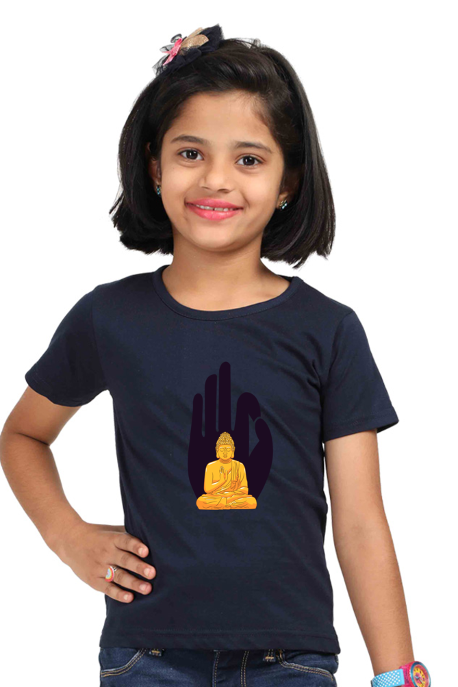 Girls Buddha Print Round Neck T-Shirt – Multiple Colors for Ages 3 - 13