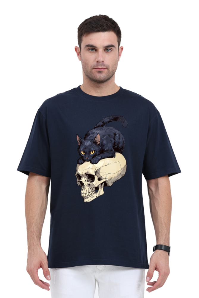 Oversized Men's Classic T-Shirt with Skull & Cat Print – Edgy Style, Ultimate Comfort