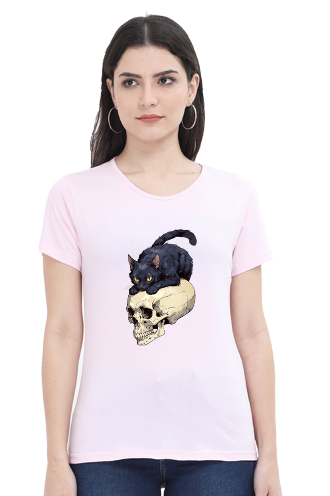 Cat on Skull Print Women's T-Shirt – Playful Style for Everyday Comfort