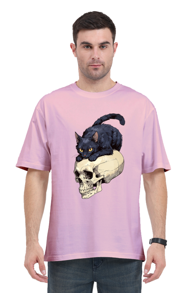 Oversized Men's Classic T-Shirt with Skull & Cat Print – Edgy Style, Ultimate Comfort