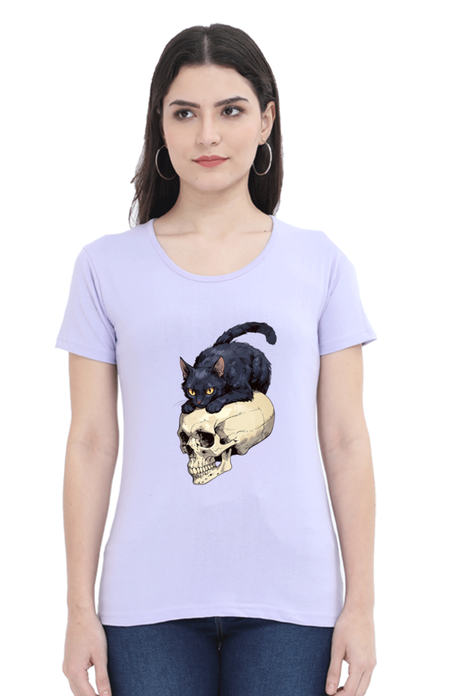 Cat on Skull Print Women's T-Shirt – Playful Style for Everyday Comfort