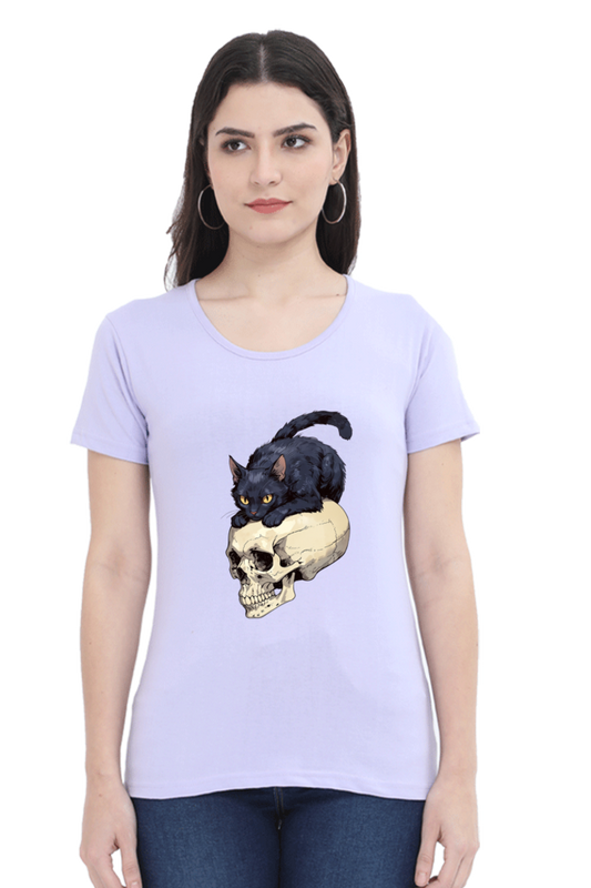 Cat on Skull Print Women's T-Shirt – Playful Style for Everyday Comfort