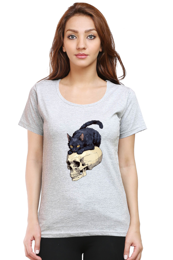 Cat on Skull Print Women's T-Shirt – Playful Style for Everyday Comfort