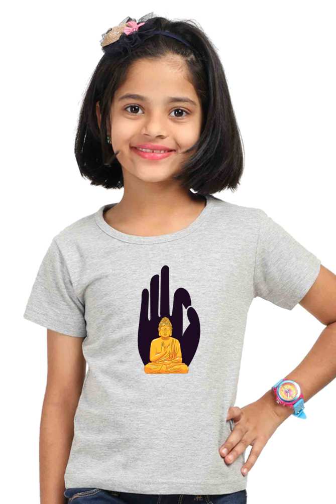 Girls Buddha Print Round Neck T-Shirt – Multiple Colors for Ages 3 - 13