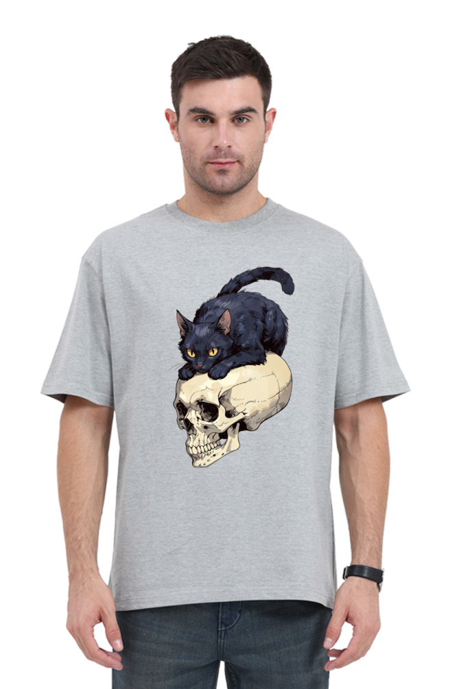 Oversized Men's Classic T-Shirt with Skull & Cat Print – Edgy Style, Ultimate Comfort