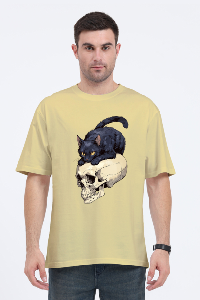 Oversized Men's Classic T-Shirt with Skull & Cat Print – Edgy Style, Ultimate Comfort