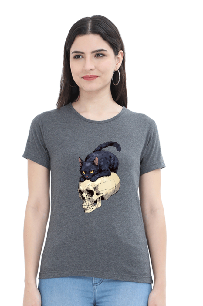 Cat on Skull Print Women's T-Shirt – Playful Style for Everyday Comfort